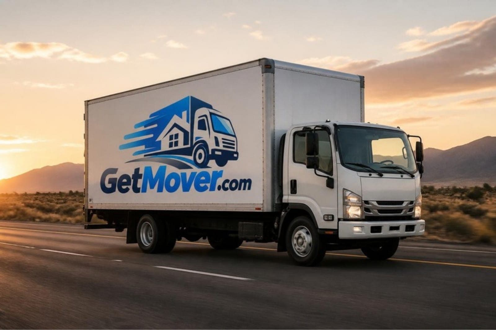 A GetMover-branded moving truck on an interstate highway